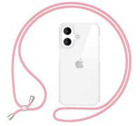 NALIA Clear Hybrid Cover with Strap compatible with iPhone 16 Plus Case, Transparent Hard-Case with Cord Crossbody Chain Cell Phone Lanyard, Anti-Yellow Rigid Back & Silicone Frame, Color:Pastel Pink