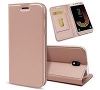 NALIA Flip Case compatible with Samsung Galaxy J3 2017, Phone Cover Ultra-Thin Magnetic Leather Back & Front Protector Skin, Kickstand Slim Protective Bookcase Shockproof Full-Body, Color:Rose Gold