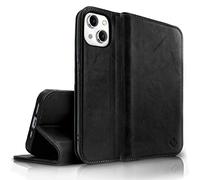 NALIA Genuine Leather Flipcase compatible with iPhone 14 Case, Handmade 100% Cowhide Leather Protective Cover with RFID Protection, Card Slots & Stand Function, Premium Shockproof Wallet, Color:Black