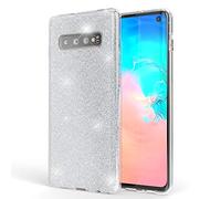 NALIA Glitter Case compatible with Samsung Galaxy S10 - Sparkling Bling Look & Grip - SHINEPOP (Silicone Cover) - Designed in Berlin, Color:Silver