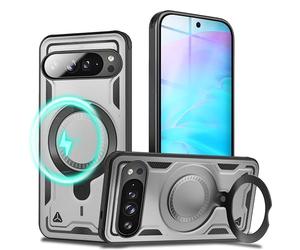 NALIA Magnetic Rugged Case for Google Pixel 9 Pro XL - Ring Stand 360° & MagSafe Compatible - STORMGUARD (Heavy Duty Cover) - German Brand, Color:Storm Silver