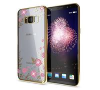 NALIA Rhinestone Case compatible with Samsung Galaxy S8 Plus, Ultra-Thin Silicone Back-Cover Crystal Flower Pattern Protective Slim Shockproof Gel Bling Smart-Phone Protector Bumper, Color:Gold