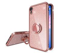 NALIA Ring Case compatible with Apple iPhone XR, Glitter Shiny Protective Finger Grip Silicone Cover with Ring Stand Holder 360 Degree, Thin Sparkle Skin Shock-Proof Slim Protector, Color:Rose Gold