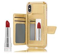 NALIA Wallet Cover compatible with iPhone X/XS Case, Protective Hardcase with Mirror & Card Slots & Magnetic Closure, Shiny PU Leather Bumper Shockproof Mobile Phone Back Protector, Color:Gold