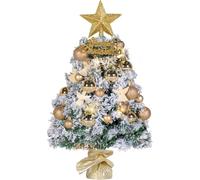 NALONE Mini Snow Flocked Christmas Tree with Lights and Timer, 24 Inch with 27 Pcs Ornaments, 90 Branch Tips Tabletop Tree for Holiday Decoration (Blue, Gold)