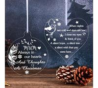 Namalu 2 Pcs Christmas Tree Mum Memorial Ornament Acrylic Bauble Round Heart Clear Baubles Robin Feather Xmas Memory Keepsake Gift Acrylic Tree Decorations with Ribbons for Mum Remembrance Bereavement