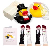 Namalu Mr and Mrs Duck Gift in Box Includes 2 Wedding Dressed Ducks, 2 Pairs Wedding Couple Socks and Greeting Cards Presents for Bride and Groom Funny Engagement Gift(Classic)