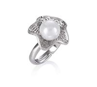 namana Adjustable Pearl Ring for Women, Large Silver Cocktail Ring for Women with a Big Pearl, Silver Statement Ring in a Flower Design with Filigree Motifs, Large Silver Rings for Women