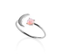 namana Pink Opal Ring for Women and Teen Girls. Dainty Brushed Finish Adjustable Ring with a Moon Crescent Motif with a Created Pink Opal Stone. Cute Silver Rings for Women and Teenage Girls