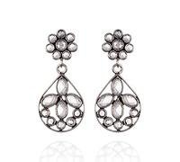 Namana Small Sterling Silver Dangle Earrings for Women, Sterling Silver Drop Earrings for Women with Cubic Zirconia Stones, Black Teardrop Earrings, Ladies Oxidized Silver Earrings for Women