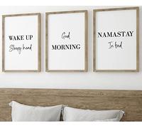 Namastay in Bed Home Decor Quotes set of 3 Unframed Prints, Bedroom Wall Art Quote, Wake Up Sleep Head, Good Morning, Namastay in Bed (A4)