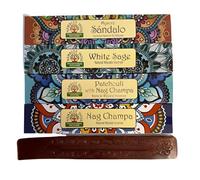 Namaste Incense Sticks Gift Set with Wooden Buddha Incense Burner, 4 Pack Collection, patchouli & nag champa, nag champa, sandlewood, white sage 48 sticks in total