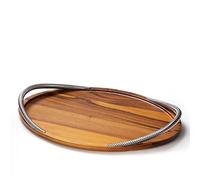 Nambé 19" Inch Handled Serving Trays, Food Platters Board Server, Acacia Wood with Braided Chrome Handles
