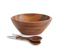 Nambe Eclipse Salad Bowl with Servers | 3-Piece Set | Large Wooden Serving Bowl for Caesar Salad, Large Salads | Big Salad Bowl with Serving Utensils | Made of Alloy & Acacia Wood (14.5 x 16” 10.5)