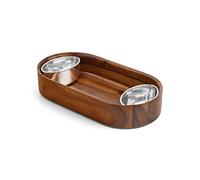 Nambe Oblong Nest Chip and Dip Serving Bowl, Wooden Appetizer Platter Set with Oven Safe Metal Dip Cup for Salsa, Guacamole, Nacho, Vegetables; 13” L x 6.5” W