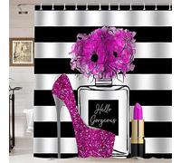Namdeva Hot Pink Glitter High Heels Shower Curtain, Hello Gorgeous Black White Striped Poppy Floral Perfume Lipstick Makeup Fashion Women Bathroom Decor, Waterproof Fabric Shower Curtain, 72 X 72 Inch
