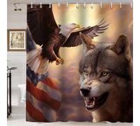 Namdeva Wolf Shower Curtain, Bald Eagle Shower Curtain, USA American Flag Stars and Stripes Wolves Wild Animal Wildlife Man Cave Boys Men Bathroom Decor, Waterproof Fabric Shower Curtain, 72 X 72 Inch