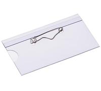 Name Badge Holders 75x40mm, Pack of 24, Clear PVC, Safety Pin, Inserts | 0.3mm thick, protected tip, thumb grip notch, blank cards included, pre-assembled, for staff, NHS, schools and events