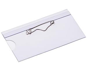Name Badge Holders 75x40mm, Pack of 24, Clear PVC, Safety Pin, Inserts | 0.3mm thick, protected tip, thumb grip notch, blank cards included, pre-assembled, for staff, NHS, schools and events