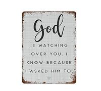 NAMEY God is Watching Over You, I Know Because I Asked Him to Retro Metal Tin Sign Vintage Wall Decor Tin Sign Funny Decorations for Bar Pub Cafe Farm Room Office Metal Poster 12x16 Inch