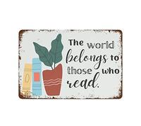 NAMEY The World Belongs to Those Who Read Quote Poster, Boho Classroom Plant Books, Motivational Elementary Middle High School Library Printable Fun Vintage Metal Tin Sign for Home Coffee 8x12 Inch
