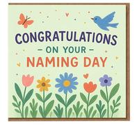Naming Day Card - Congratulations On Your Naming Day, Cute Flowers, Bird and Butterfly Design - New Baby Celebration Card for Parents and Family