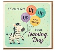 Naming Day Card - Cute Zebra and Balloons 'Up, Up and Away' - Sweet Celebration Card for Child or Baby