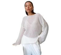 NAMLAY Women Summer Loose Hollow Out Pullover，Oversized Long Sleeve Sheer Mesh Knit Sweater Tops Vacation Outfits (White,L)