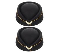 NAMOARLY 2pcs Women Stewardess Beret Hat Black Wool Felt Vintage Costume | Structured Curved Brim, Embroidered Detail, Lightweight Drape, for Air Hostess Role Play and Dance Events