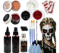 Namonppy Halloween Face Paint Kit, 45g Red Black White for SFX Makeup Kits | 2×30ml Fake Blood Spray & Dripping, 30g Gel, 25g Scar Wax & 30ml Liquid Latex for Skeleton Zombie Vampire Halloween Makeup