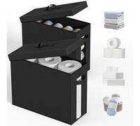 NAMTSO Bathroom Toilet Paper Storage with Lid - for Up to 12 Rolls | Storage Bins with Lids for Towel or Yarn | Free Standing | Foldable | Moisture Resistant | Clear Plastic Window | Black | 2 Pack