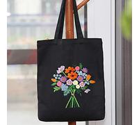 Namvo Embroidery Kit Canvas Tote Bags with Floral Patterns, Bamboo Embroidery Hoops, Color Threads Needles DIY Cross Stitch Kits for Beginners Black