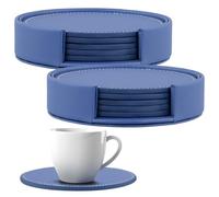 NAMYEUT 12 Pack Thick PU Leather Coaster Set, 10 Round Drinking Coasters with 2 Holder, Non-Slip Cup Mat with Sewn Edge for Furniture Protection