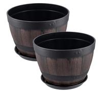 NAMYEUT 2 Pack 23cm x 17cm Plastic Whiskey Barrel Plant Pots with Drainage Holes and Saucers, 9 Inch Vintage Resin Decorative Flower Pots for Indoor Outdoor Garden Plants