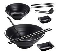 NAMYEUT 3 Set Ramen Bowl, 1100ml Melamine Black Noodle Bowls with Chopsticks Spoon Dipping Dish for Japanese Ramen, Pasta, Soup, Salad, Fruit