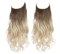 Namzi Long Wavy Wig piece with Invisible Transparent Adjustable Size Fish Line Curly Hair Piece Hidden Secret Hairpiece for Women No Clip 18 Inch,Black to Light Golden