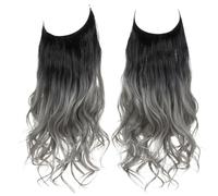 Namzi Long Wavy Wig piece with Invisible Transparent Adjustable Size Fish Line Curly Hair Piece Hidden Secret Hairpiece for Women No Clip 18 Inch,Black to Silver