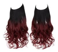 Namzi Long Wavy Wig piece with Invisible Transparent Adjustable Size Fish Line Curly Hair Piece Hidden Secret Hairpiece for Women No Clip 18 Inch,Black to Wine Red