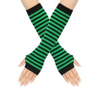 Namzi Women Striped Long Fingerless Gloves, Winter Knitted Arm Warmers For Punk Rock/Cosplay/Goth/Christmas Party -Black Green A