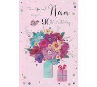 Nan 90th Birthday Card - Age 90 - Special Nan - Flower Bouquet and Butterfly - Artistic Floral Design - Special Finishes and Illustrated Insert Leaf - Made in the UK