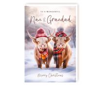 Nan and Grandad Christmas Card - Wonderful Nan & Grandad - Highland Cows in Tartan Hats - Artistic Festive Design - Made in the UK - Eco-Friendly