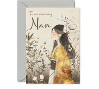 Nan Birthday Card - Gold Geisha Girl - Beautiful Happy Birthday Card for Nan from Granddaughter Grandson, 5x7 Inch Female Oriental Bday Golden Greeting Cards