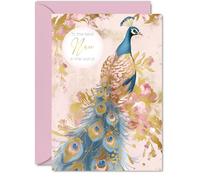 Nan Birthday Card - Gold Peacock - Beautiful Happy Birthday Card for Nan from Granddaughter Grandson, A5 Female Bird Bday Golden Greeting Cards