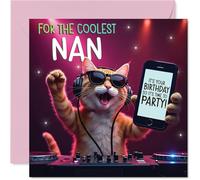 Nan Birthday Card - Party DJ Cat - Happy Birthday Card for Nan from Grandson Granddaughter, 145mm deejay cat Bday Greeting Cards