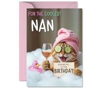Nan Birthday Card - Relaxing Bath Cat - Happy Birthday Card for Nan from Grandson Granddaughter, A5 Joke Humour Bday Greeting Cards