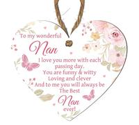 Nan Gift - "To My Wonderful Nan" Floral Plaque - Keepsake for Nan’s Birthday, Christmas, or Mother's Day - Beautiful Hanging Heart Sign with Loving Message (Small: 10 cm (H) × 9 cm (W))