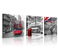 NAN Wind 3 Pcs Modern Giclee Canvas Prints Red Bus on London Street Black and White London Wall Art Union Jack Wall Decor Paintings on Canvas Stretched and Framed Ready to Hang for Home Decor