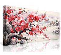 NAN Wind Asian Wall Art Traditional Chinese Painting Oriental Red Plum Blossom Canvas Pictures for Wall Decor Home decor for Living Room Cherry Blossom Decor Landscape Artwork Framed Ready to Hang