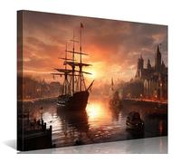 NAN Wind Pirate Ship Wall Art Nautical Decor Sailboat Seascape Sunset Posters Canvas Prints for Boys Bedroom Vintage Sea Boat Painting Modern Artwork Wooden Framed Viking Ship Art Home Decorations