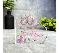 Nana 80th Pink Purple Floral Happy Birthday Present Heart Plaque Keepsake Gift - Gift, Custom Present, Trinket, Keepsake Ornament, Acrylic Plaque, Home Decor Gift, Small, Unique Present